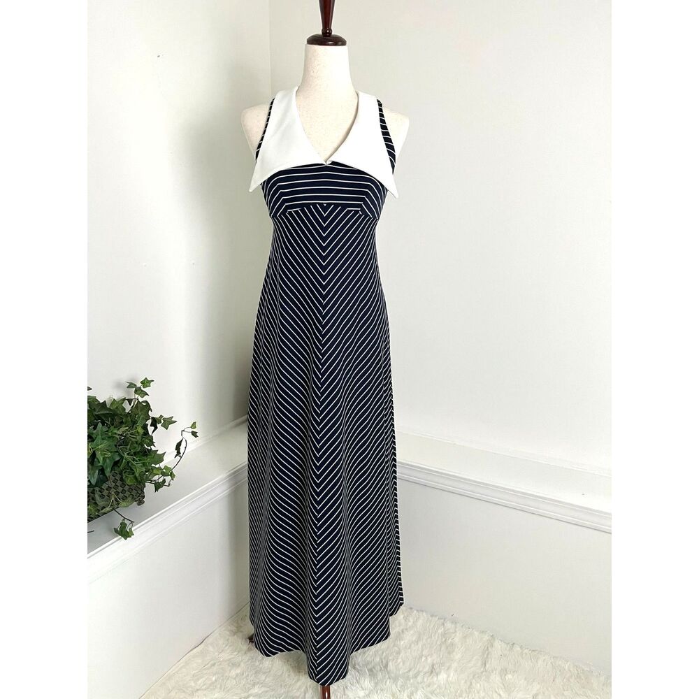 VTG 70s Navy Blue and White Chevron Maxi Dress ILGWU